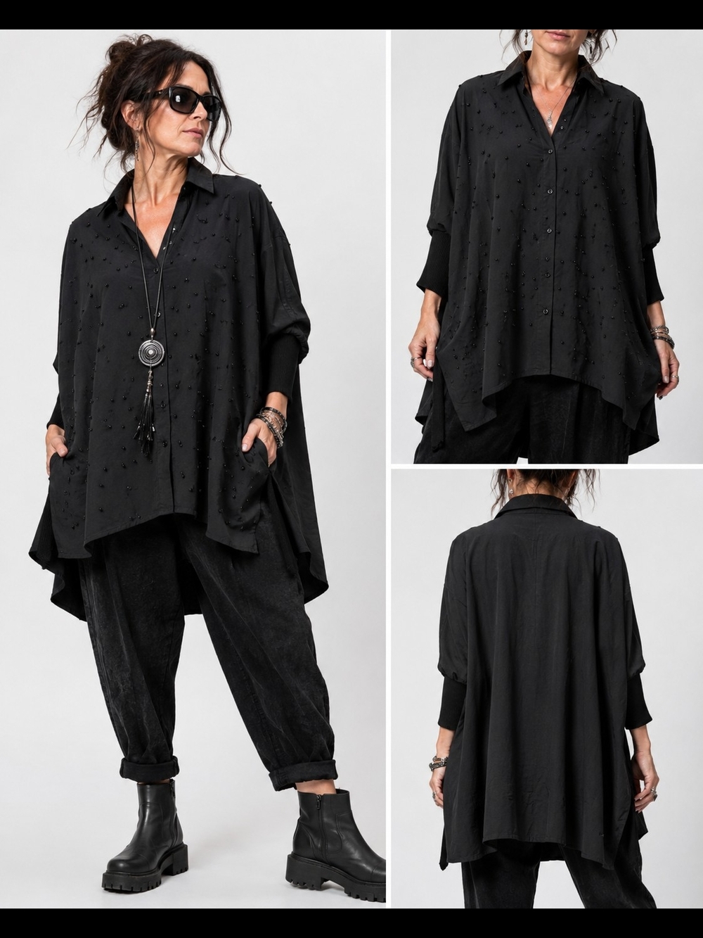 Madonna & Co Black Beaded Oversized High Low Tunic Shirt L XL Lagenlook